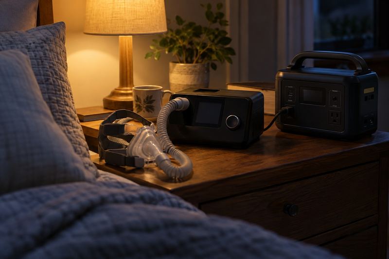 A CPAP machine on a bedside table connected to a small portable power station.
