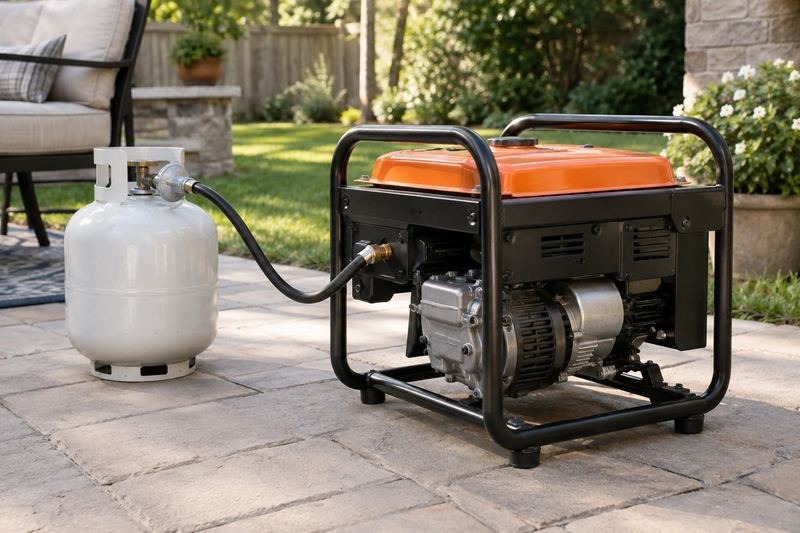A portable generator connected by a hose to a propane tank on a patio.