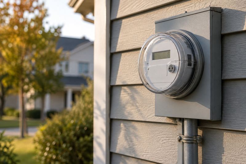 A residential electric meter mounted on the outside wall of a house.