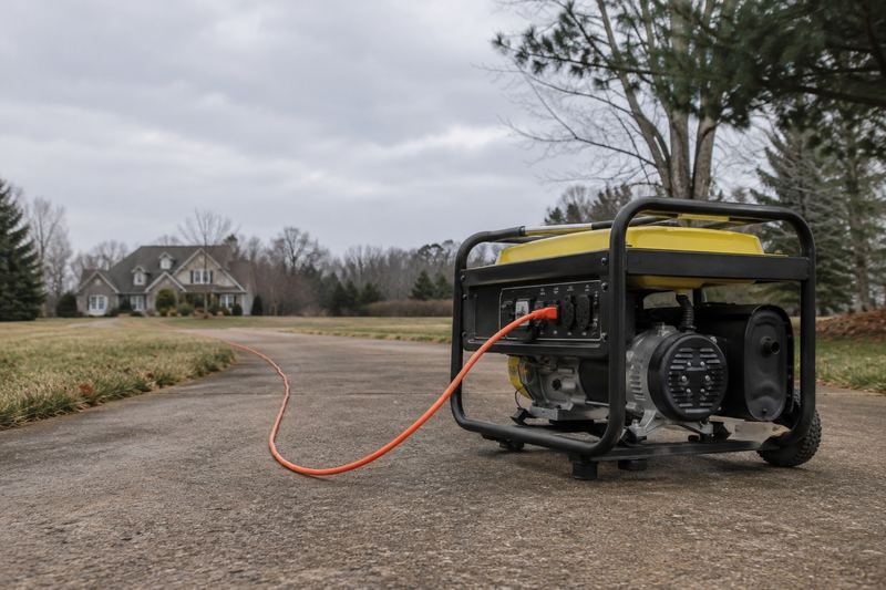 A portable generator running outdoors far from a house, connected to an outdoor-rated extension cord.
