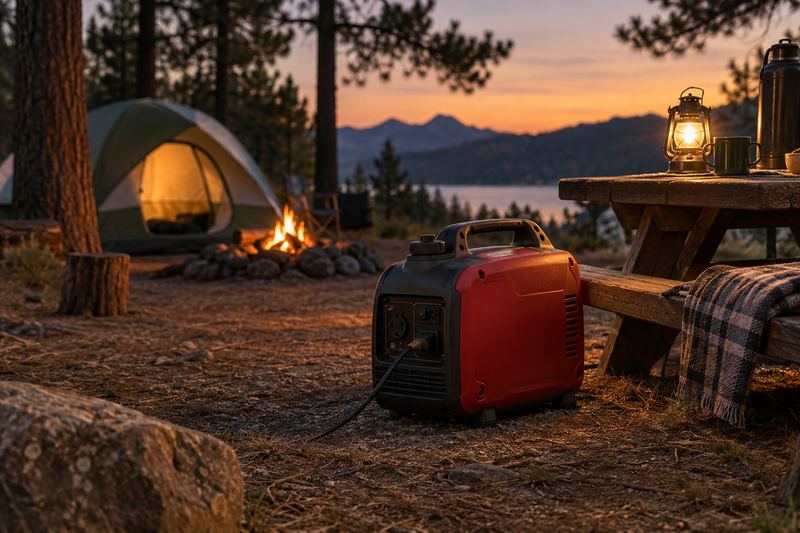 A compact inverter generator on the ground beside a campsite picnic table at dusk.