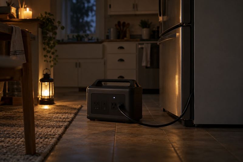 A portable power station on a kitchen floor plugged into a refrigerator during a power outage, lit by candlelight.
