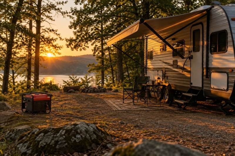 A travel trailer parked at a campsite with a portable generator sitting on the ground nearby.